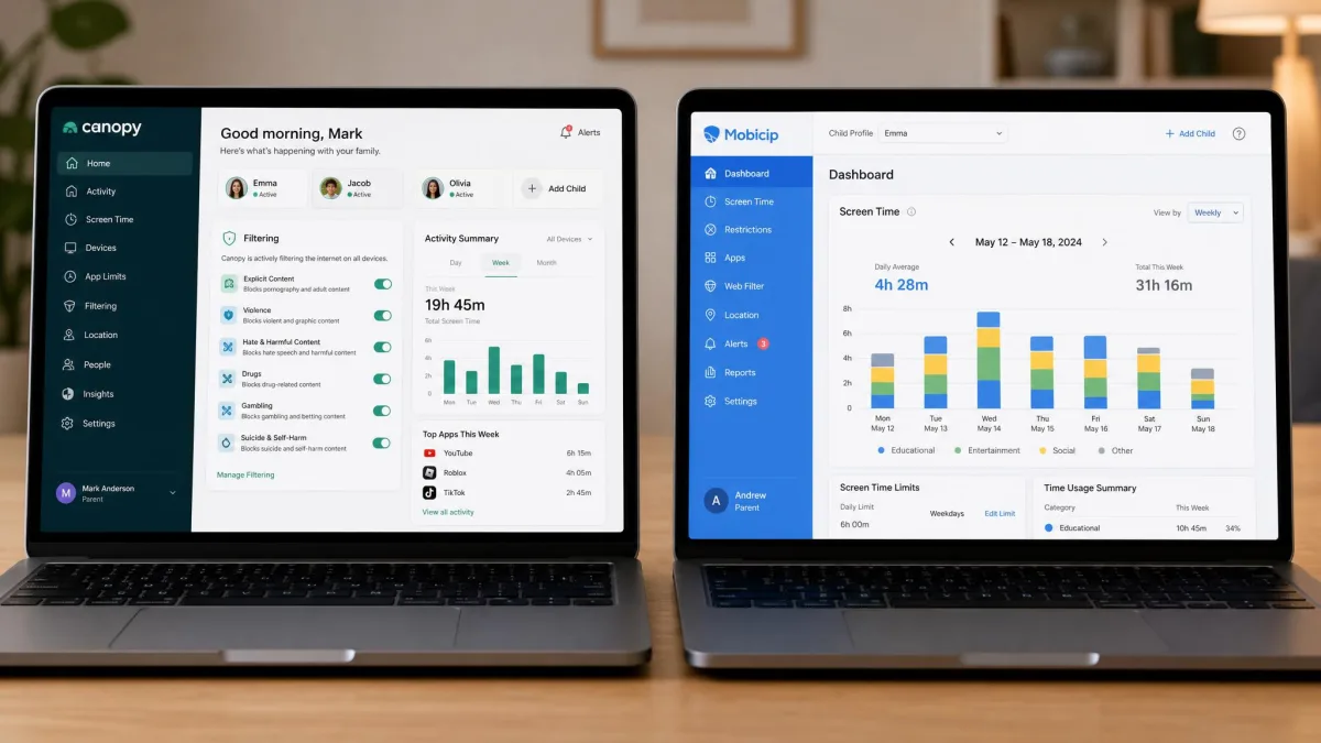 Two laptop screens side by side showing the Canopy parent dashboard with its filtering toggles on the left and the Mobicip dashboard with its weekly screen time chart on the right.