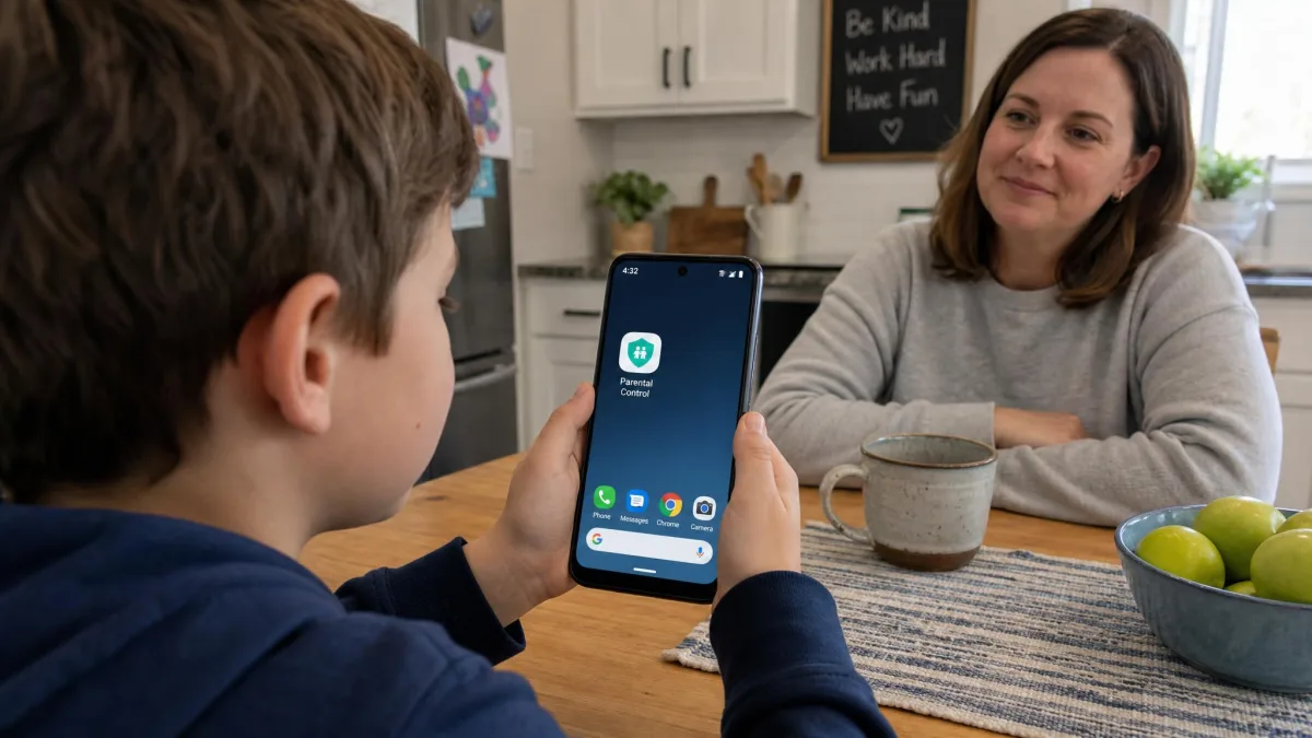 A child holding an Android phone at a kitchen table with a parental control app icon visible on the home screen and a parent sitting nearby.