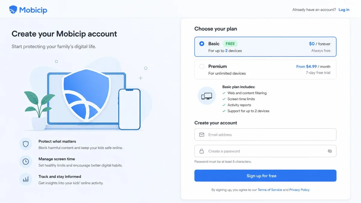 The Mobicip signup screen showing the free Basic plan selected for two devices, with no credit card fields on the form.