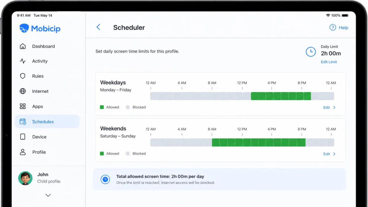 The Mobicip scheduler open on a tablet, showing separate weekday and weekend time blocks with a two-hour daily limit set for a child profile.