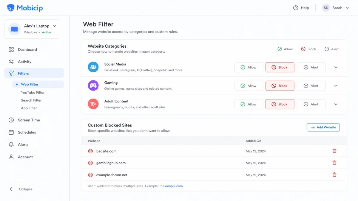 The Mobicip web filter settings screen showing category toggles for social media, gaming and adult content, with a custom blocked-sites list below.