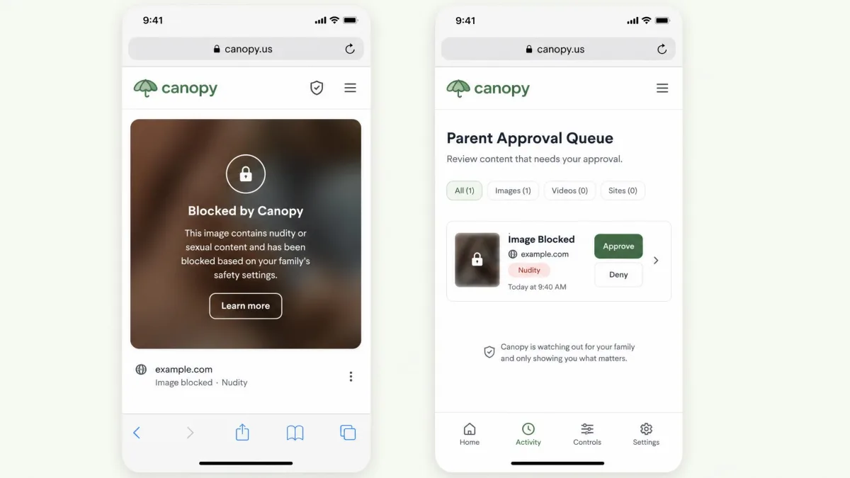 A phone browser page with a blurred photo tile covered by Canopy's block notice, next to the parent approval queue listing the item awaiting review.