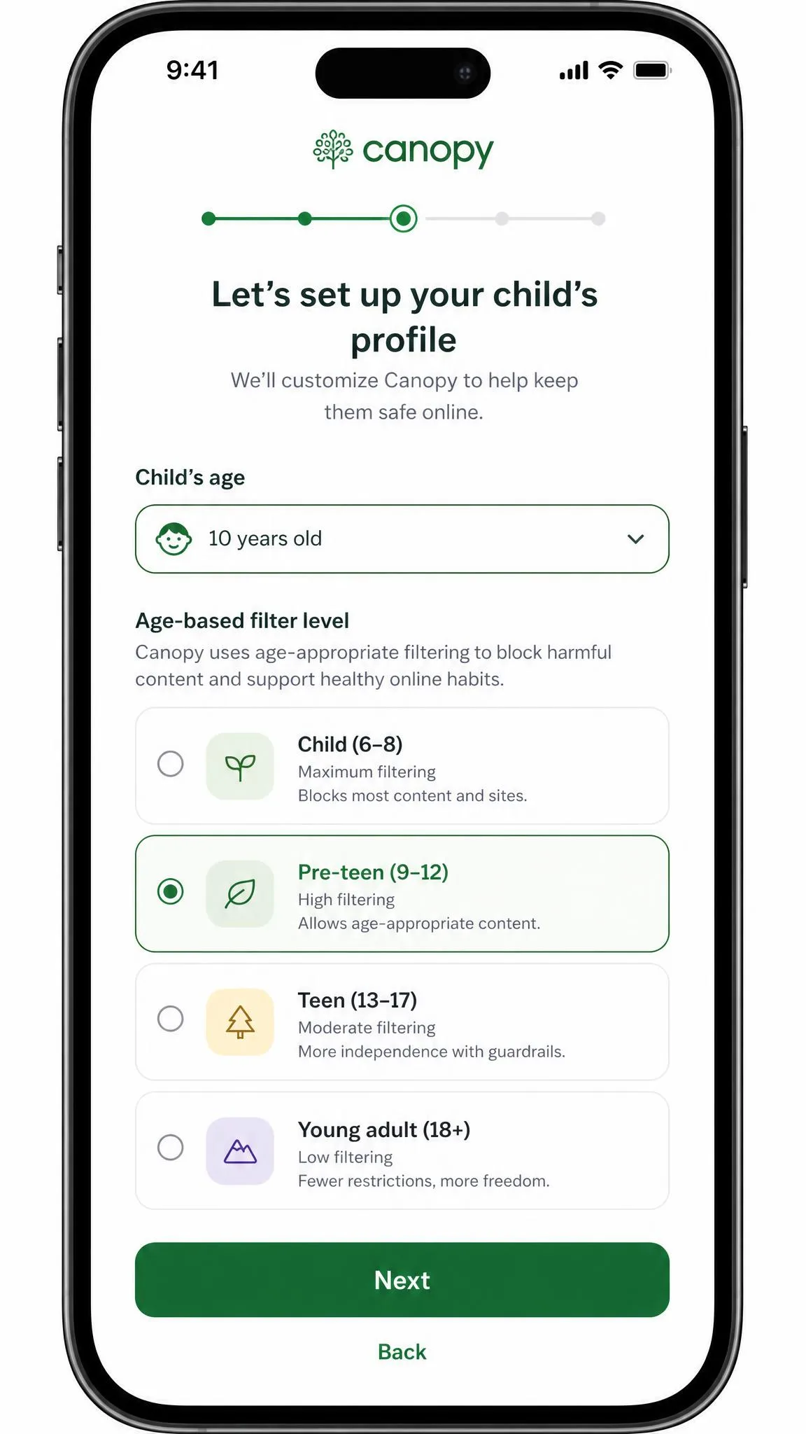 Canopy's setup wizard on a phone showing the child profile step with age-based filter levels listed and a Next button at the bottom.