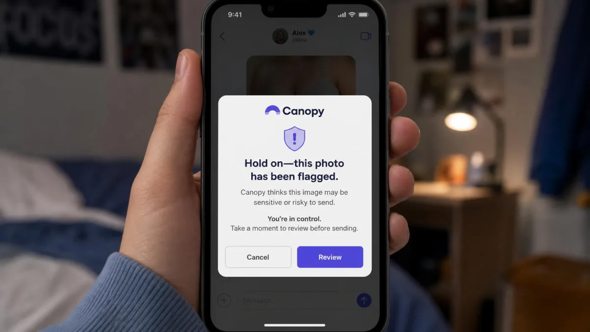 Canopy's sexting prevention alert on a teenager's phone warning that an outgoing photo has been flagged before sending, with cancel and review buttons.