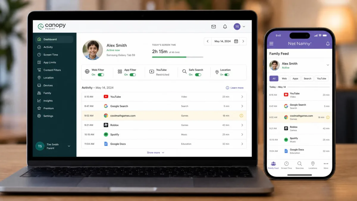 Canopy's parent dashboard on a laptop next to Net Nanny's Family Feed on a phone, both showing a child profile with filtering toggles and a daily activity list.