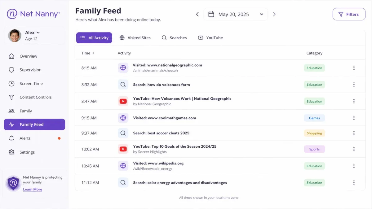 Net Nanny's Family Feed screen listing a child's visited sites, search terms and YouTube history for the day, with category labels beside each entry.