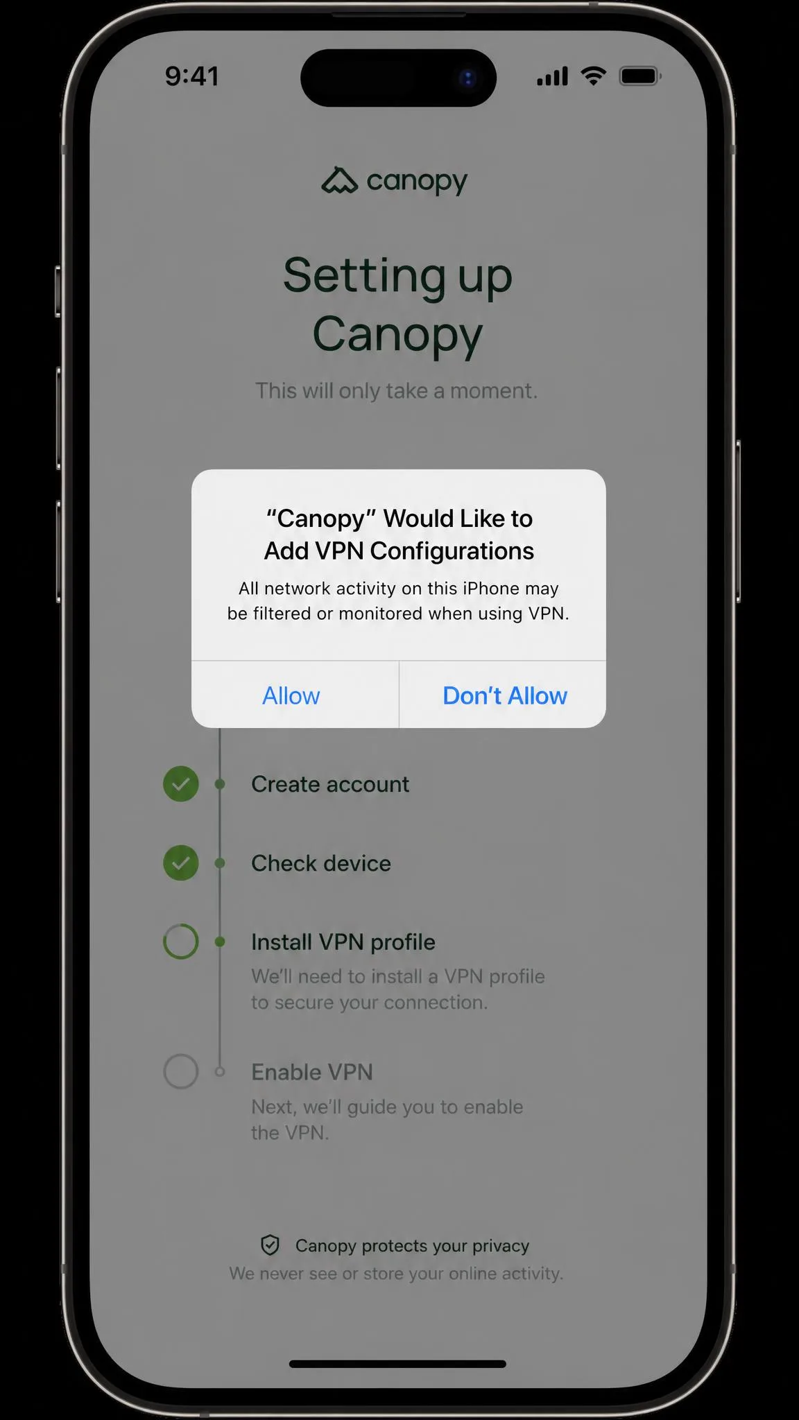 An iPhone Settings screen during Canopy installation showing the VPN profile installation prompt, with the Canopy app open behind it mid-setup.