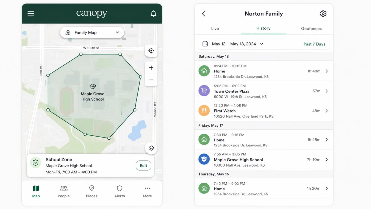 Two location screens side by side, Canopy's map view with a geofenced school zone drawn around a campus and Norton Family's location history list showing timestamped stops from the past week.