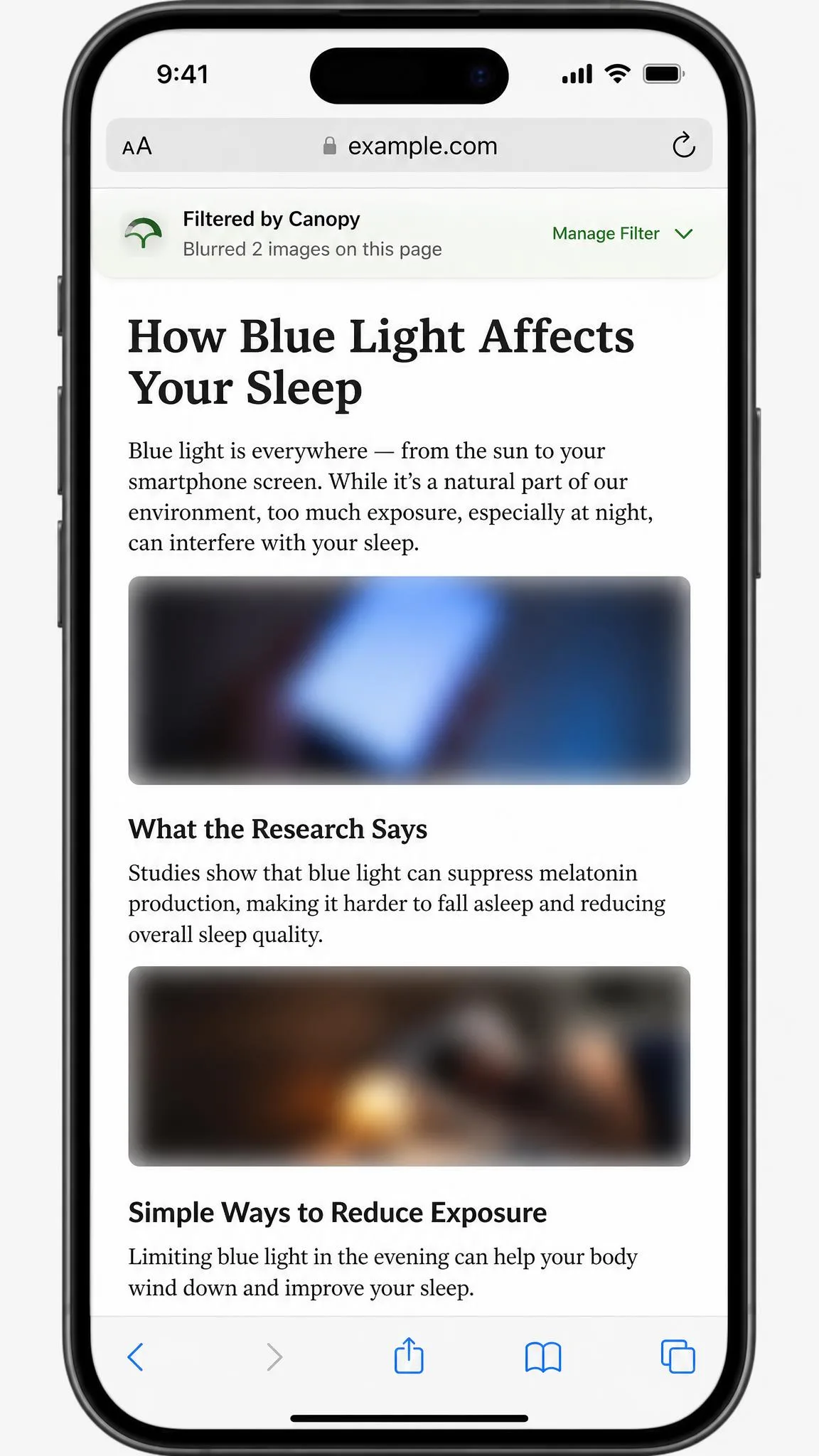 A phone browser showing a web page rendered through Canopy's smart filter, with two images on the page replaced by blurred placeholders while the surrounding text stays readable.