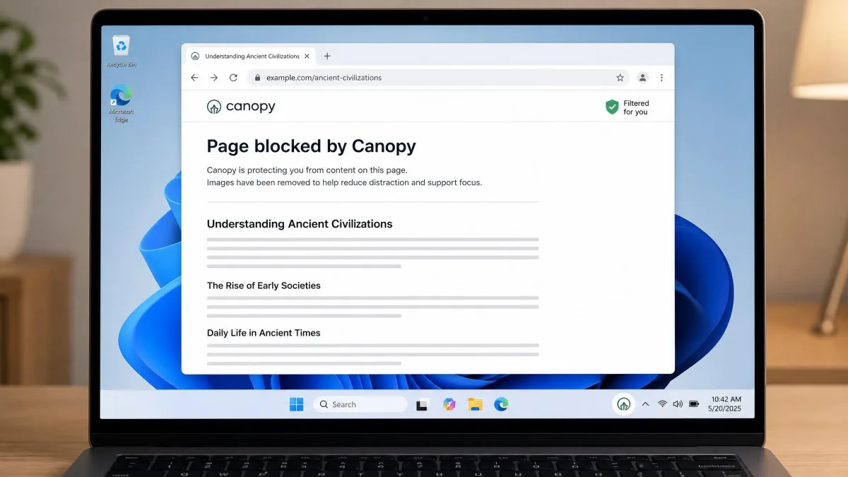 A Windows 11 laptop screen showing Canopy's desktop filter intercepting a web page, with images removed from the layout and the Canopy status icon visible in the system tray.