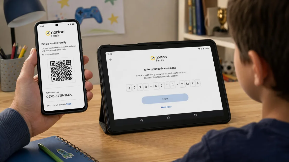 A parent holding a phone displaying the Norton Family setup QR code while a child's Android tablet on the desk shows the activation code entry screen.