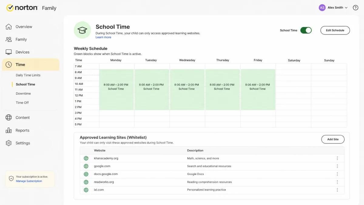 The Norton Family School Time settings screen showing a weekly schedule grid with class hours highlighted and a whitelist of approved learning sites below it.