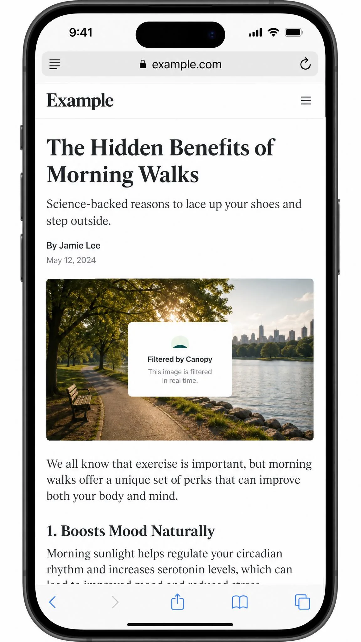 A phone browser showing a webpage where a single image has been covered by a small white rectangle from Canopy's real-time filter while the surrounding article text stays readable.