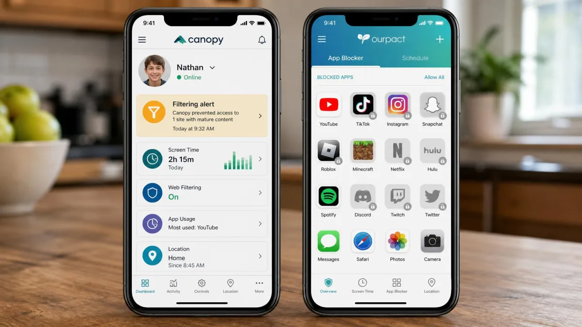 Two smartphones side by side on a kitchen table, the left showing Canopy's parent dashboard with a filtering alert and the right showing OurPact's app blocker grid with several apps greyed out.