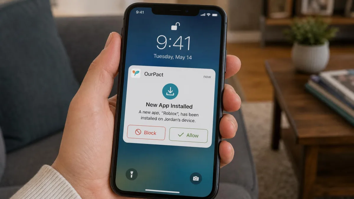 A parent's phone showing an OurPact notification that a new app has been installed on a child's device, with block and allow buttons visible beneath the alert.
