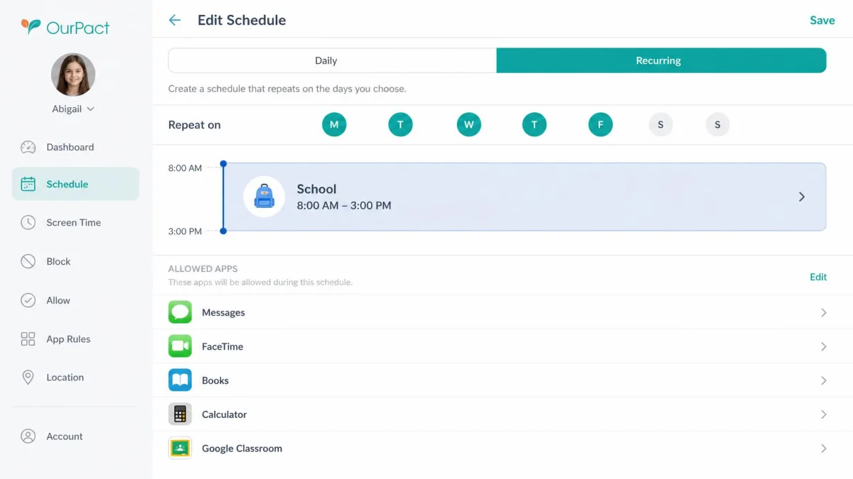 OurPact's parent app schedule editor showing a recurring weekday block from 8am to 3pm labelled School, with a list of allowed apps beneath it.