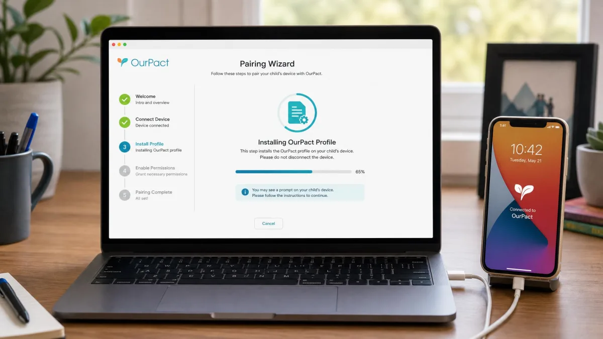 A laptop screen showing OurPact's pairing wizard with a child's iPhone connected by a white USB cable on a desk, the wizard mid-progress at the profile installation step.