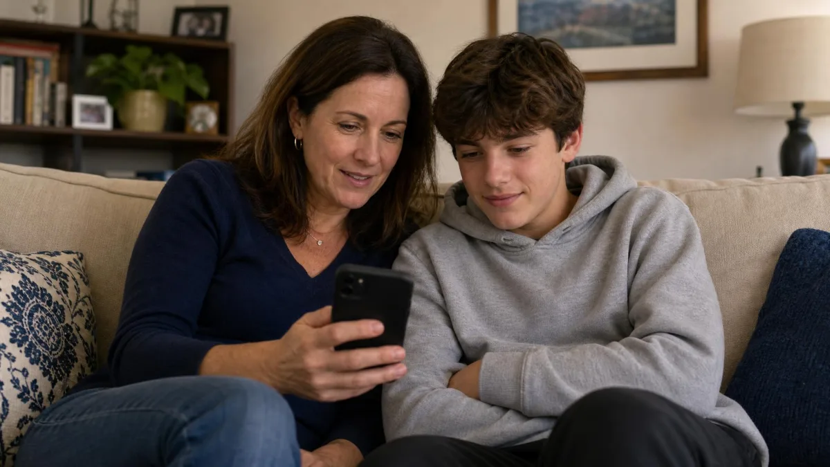 A parent and a teenager sitting on a sofa looking at a phone together.