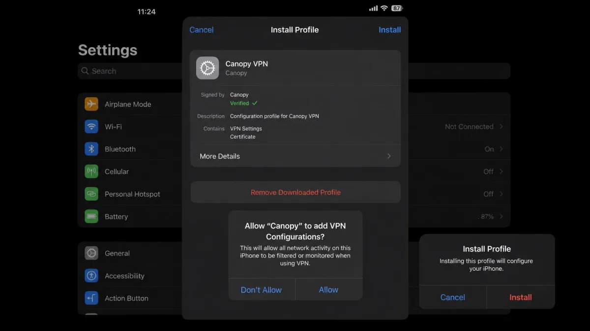An iPhone settings screen showing the Canopy VPN configuration profile mid-installation, with the allow and install prompts visible.