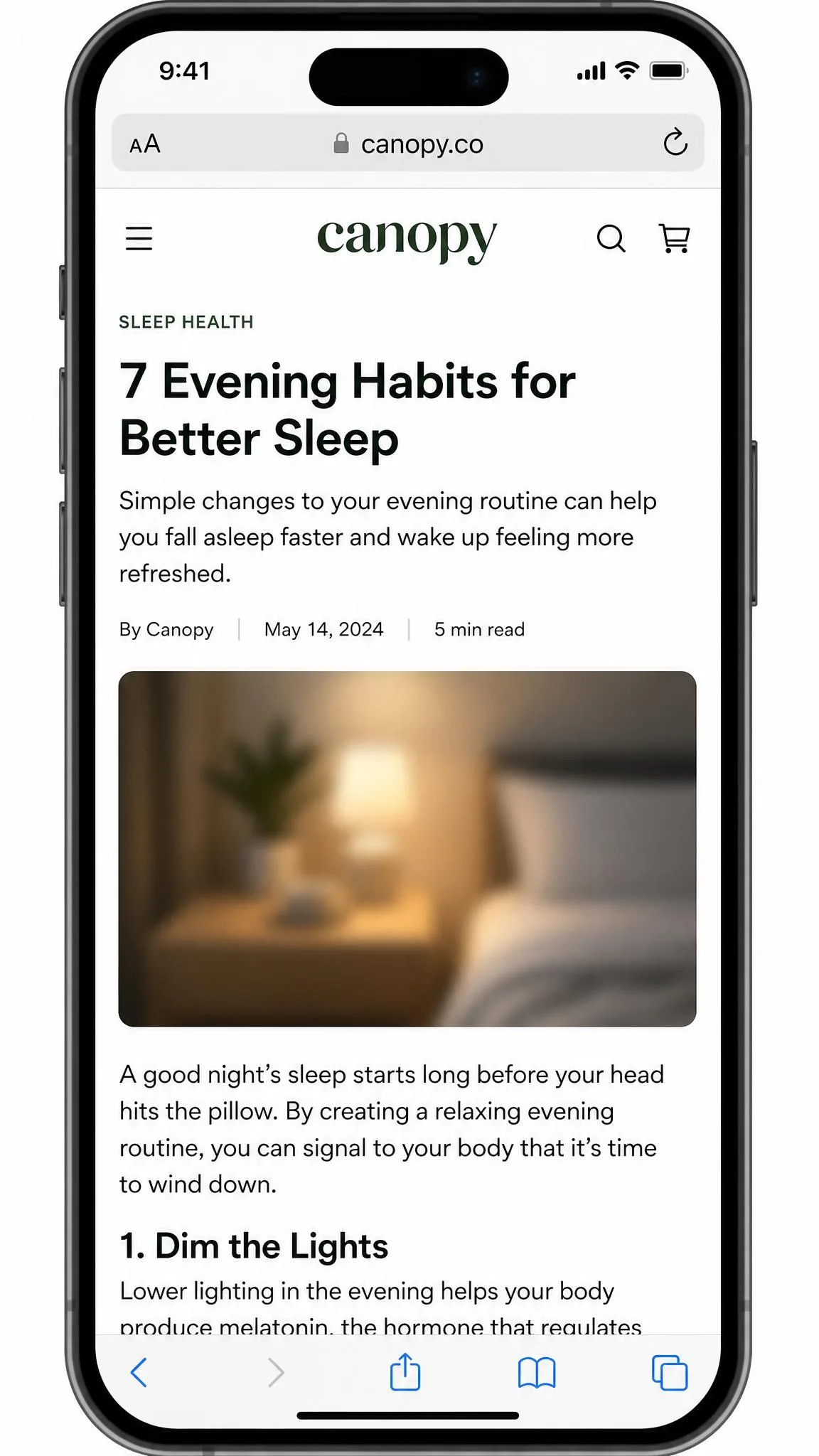 A phone browser showing a web page where Canopy has blurred a photograph in place while the surrounding text and layout render normally.
