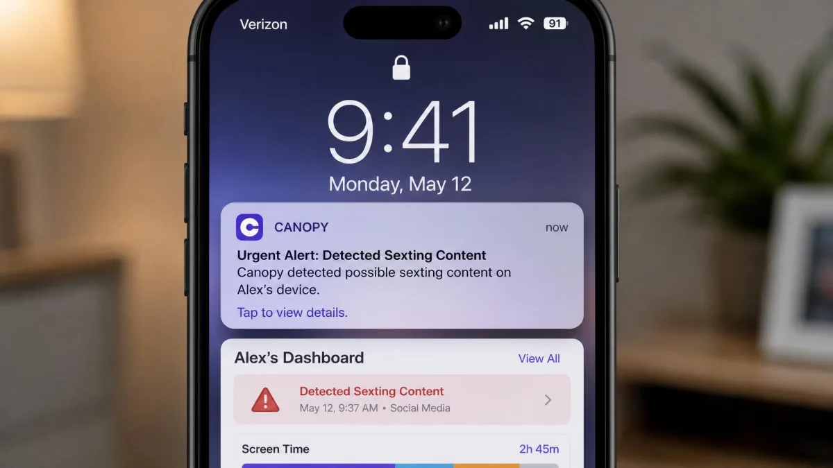 A parent's phone lock screen showing a Canopy alert notification about detected sexting content, with the app dashboard partly visible behind it.