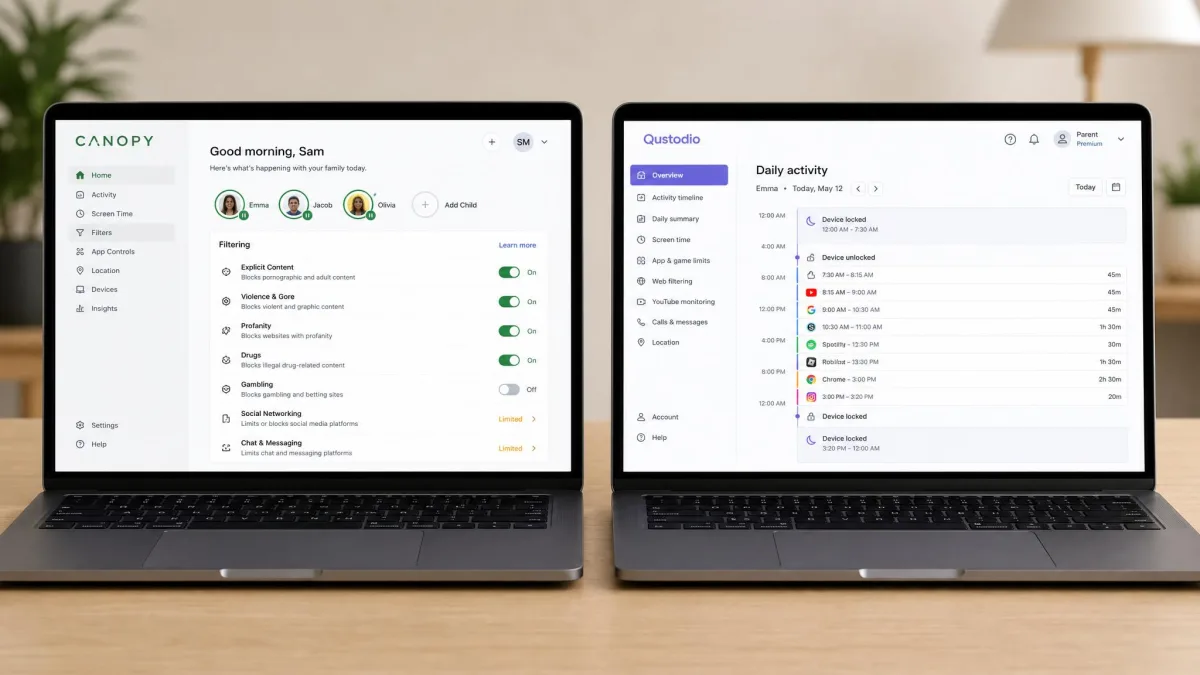 Two laptop screens side by side showing the Canopy parent dashboard with its filtering toggles on the left and the Qustodio dashboard with its daily activity timeline on the right.