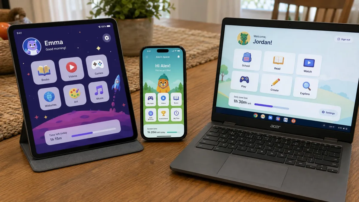 A tablet, a smartphone and a Chromebook laid out together on a family table, each showing a different parental control app's child-mode home screen.