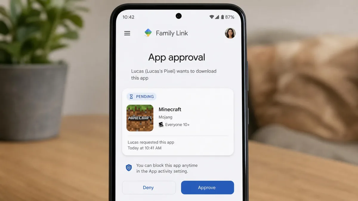 An Android phone showing Google Family Link's app approval prompt, with a pending download request from a child account awaiting a parent tap.