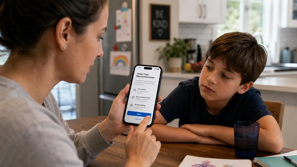 A parent holding a child's smartphone at a kitchen table, working through a parental control app's permission prompts while the child watches.