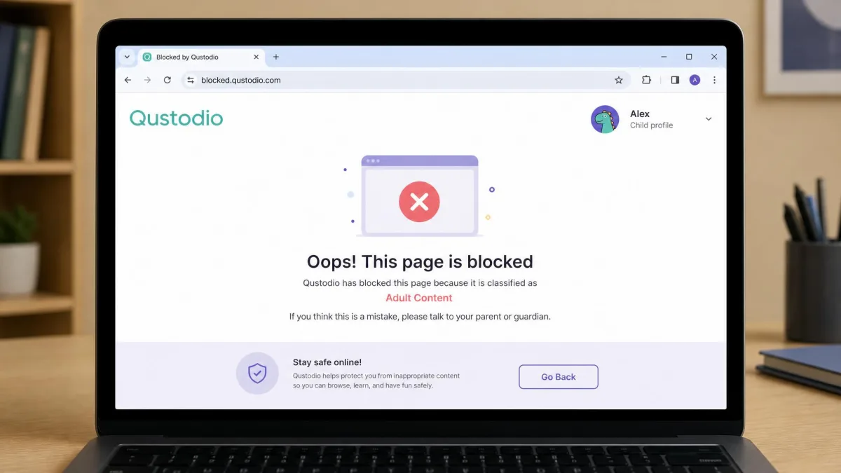 A laptop browser showing Qustodio's blocked-page notice after an attempt to open an adult website, with the child profile name displayed at the top.