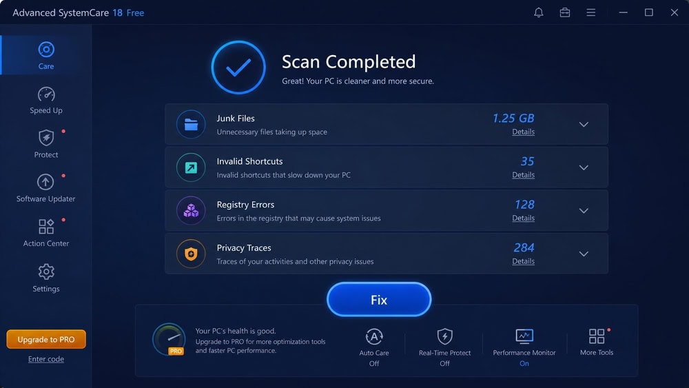 Advanced SystemCare main screen on Windows showing a completed scan with categories for junk files, invalid shortcuts, registry errors, and privacy traces, plus a large Fix button.
