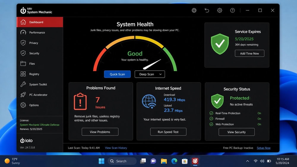 Iolo System Mechanic dashboard on Windows 11 showing an overall system health gauge with sections for problems found, internet speed, and security status.