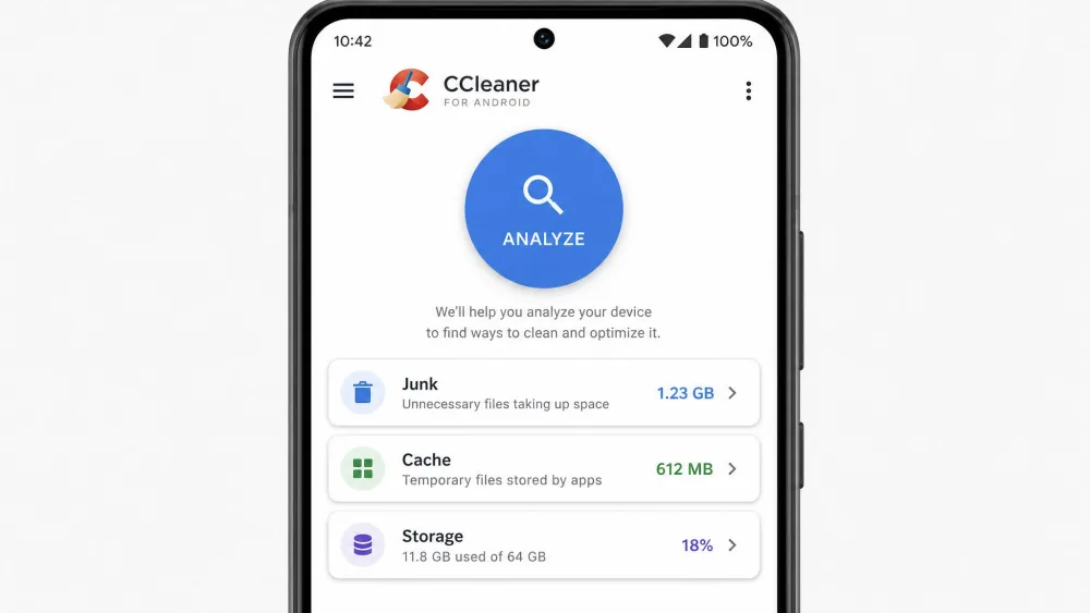 The CCleaner for Android home screen showing the large blue Analyze button with junk, cache, and storage summary tiles beneath it on a phone display.