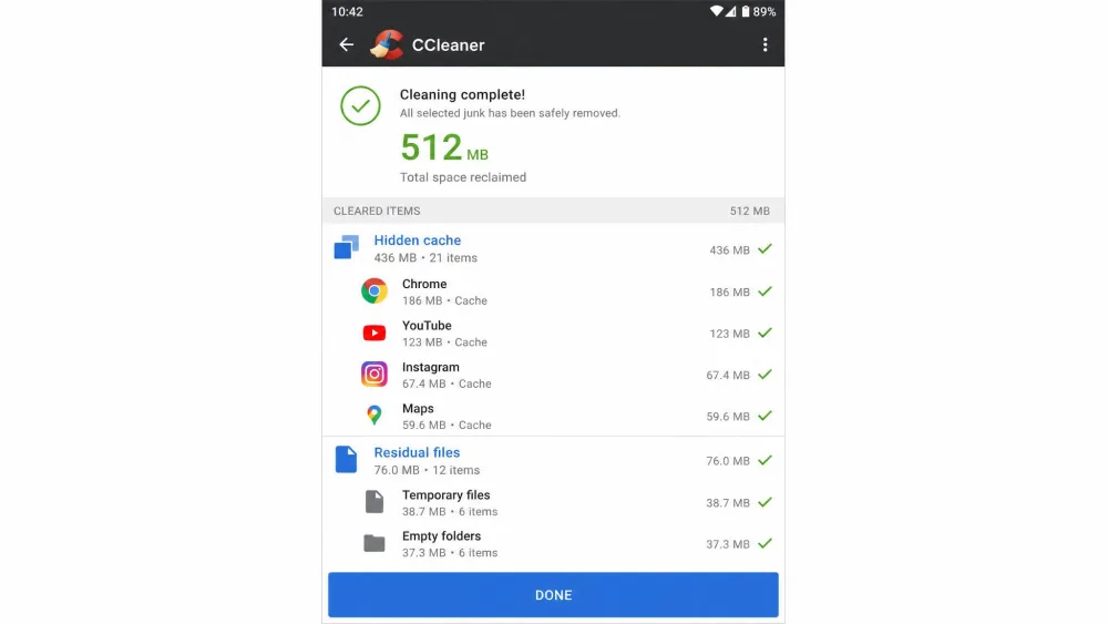 CCleaner for Android results screen after a junk clean, listing cleared app cache and residual files with a total amount of space reclaimed shown at the top.