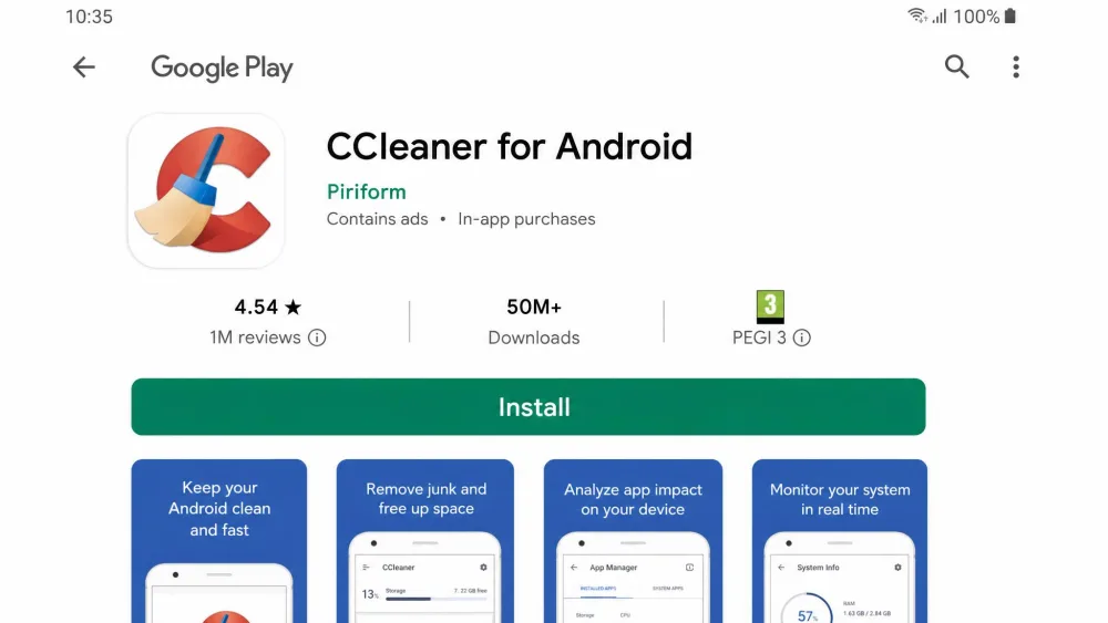 The CCleaner for Android page in the Google Play Store showing the green Install button, the 4.54 star rating, and the app icon at the top.