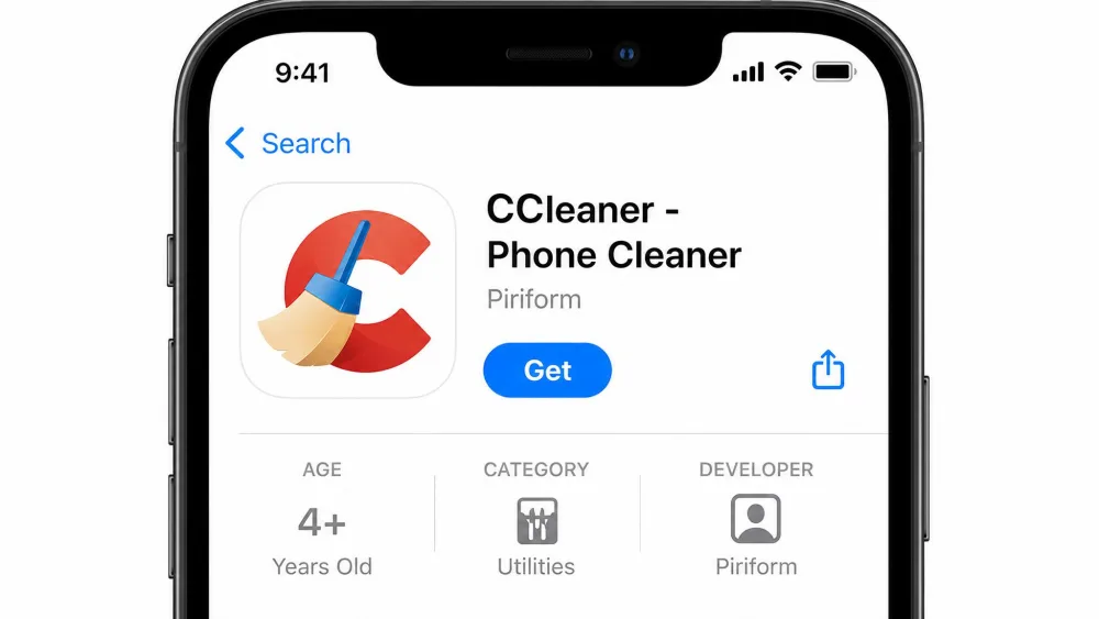 The CCleaner - Phone Cleaner listing on the iOS App Store showing the Piriform developer name, the 4+ age rating, and the "Get" download button on an iPhone screen.