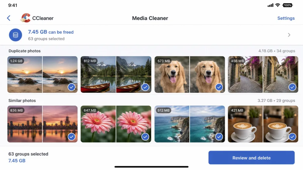 CCleaner for iOS Media Cleaner screen showing a grid of duplicate and similar photos flagged for deletion, with a running total of storage that would be freed.