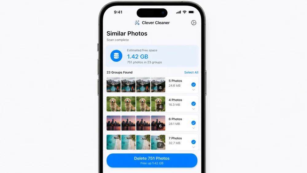 Clever Cleaner for iOS showing a similar-photos scan result on an iPhone, with grouped near-identical shots and a free-storage estimate, and no ad banners on screen.