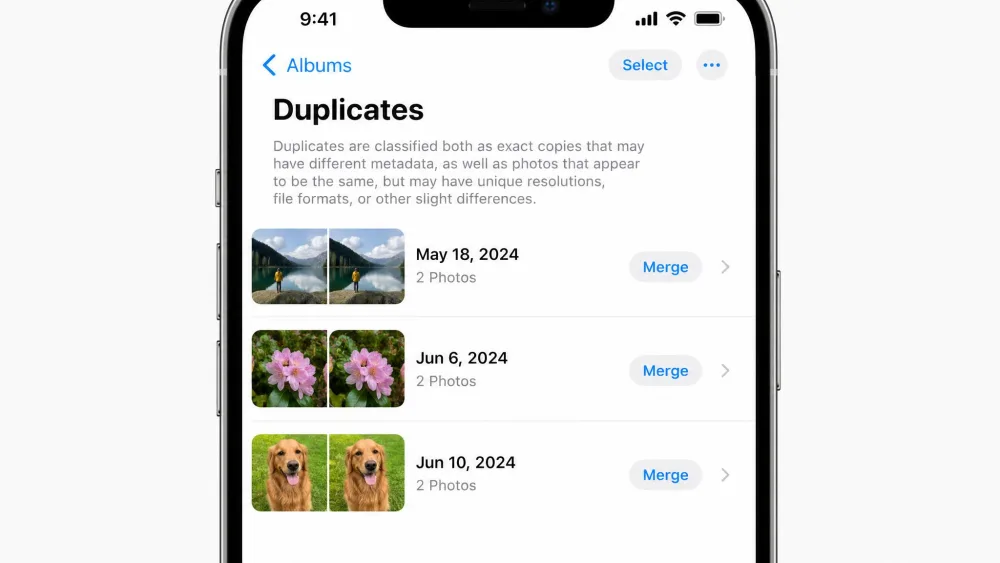 The native Photos app Duplicates album on an iPhone listing pairs of matching photos with a Merge button, showing iOS handles duplicate detection without a third-party app.