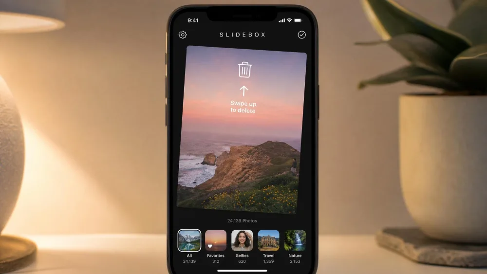 Slidebox on an iPhone showing the swipe-to-sort interface, with a single large photo ready to be flicked up for deletion and album shortcuts along the bottom edge.