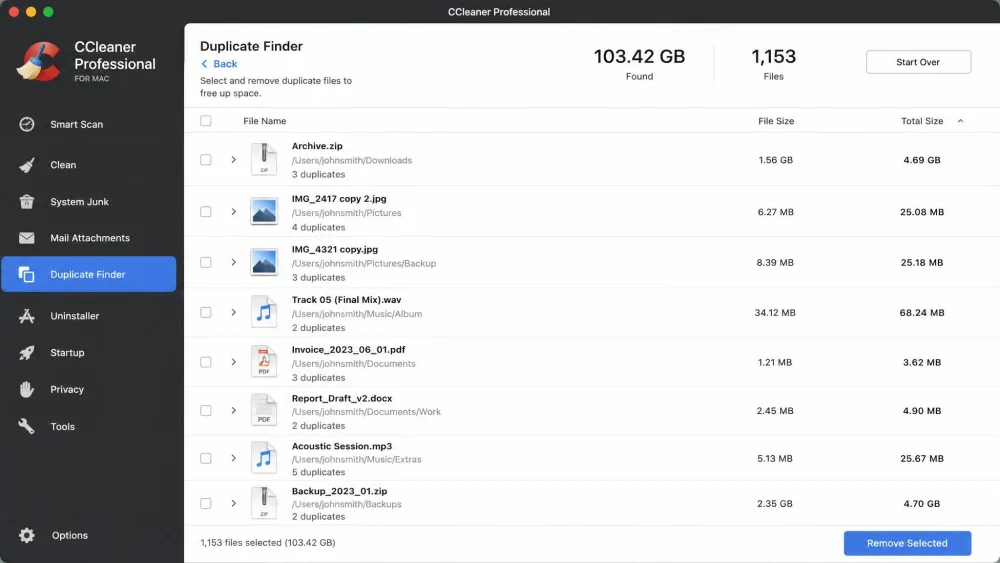 CCleaner for Mac duplicate finder results listing over 100GB of duplicate files with small checkboxes beside each grouped item.