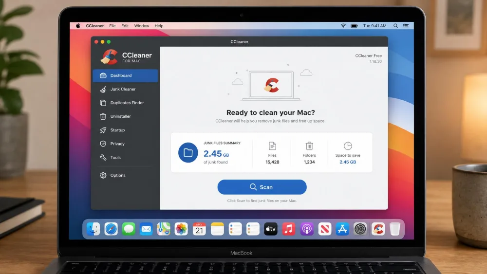 The CCleaner for Mac main dashboard on a MacBook, showing the junk file summary and a large blue scan button.
