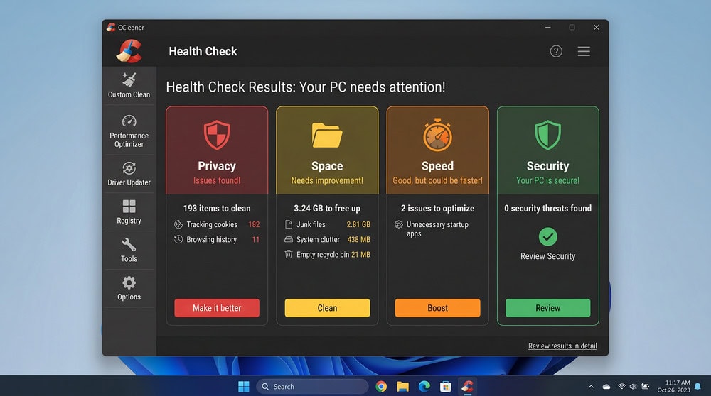 CCleaner Health Check results on Windows 11 showing Privacy, Space, Speed, and Security categories with space and issue counts.