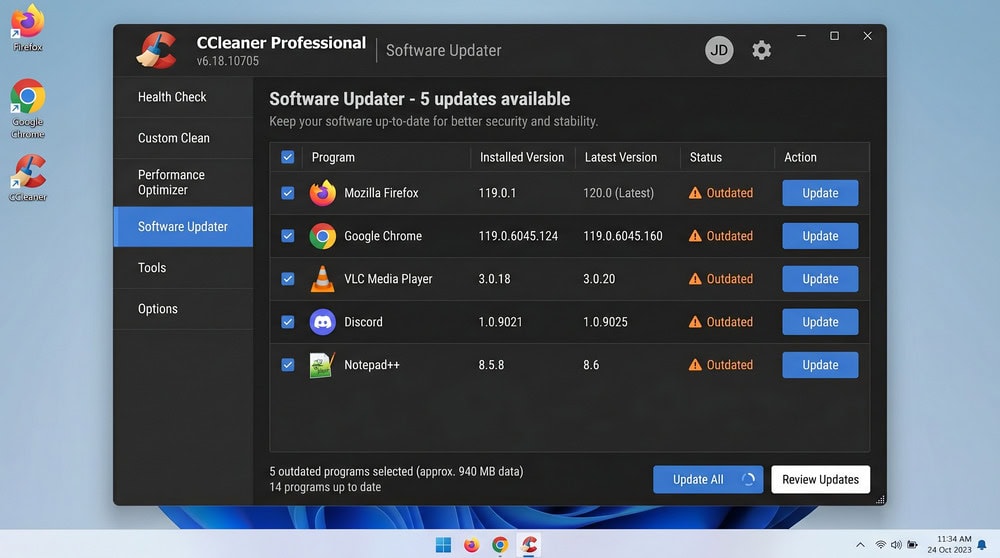 CCleaner Professional Software Updater listing installed applications with outdated versions and an Update All button.