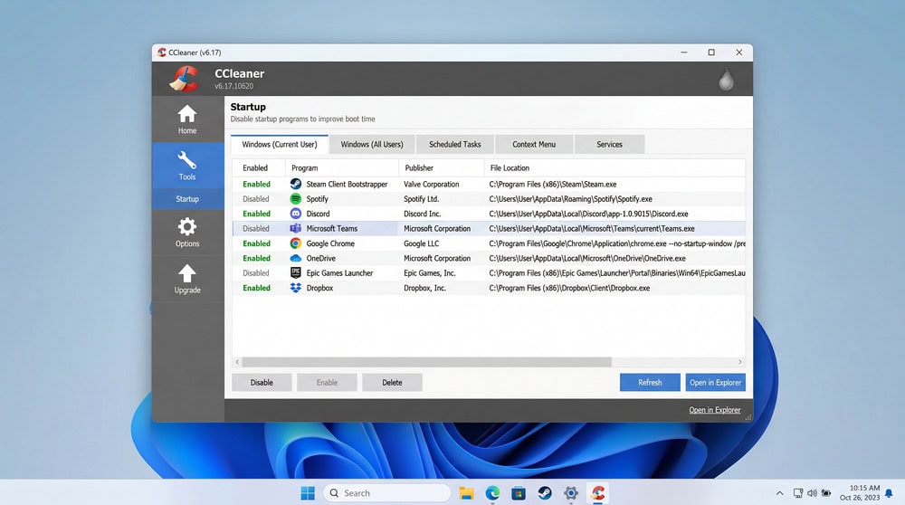 CCleaner Startup tab on Windows 11 listing programs that launch at boot with Enabled and Disabled columns.