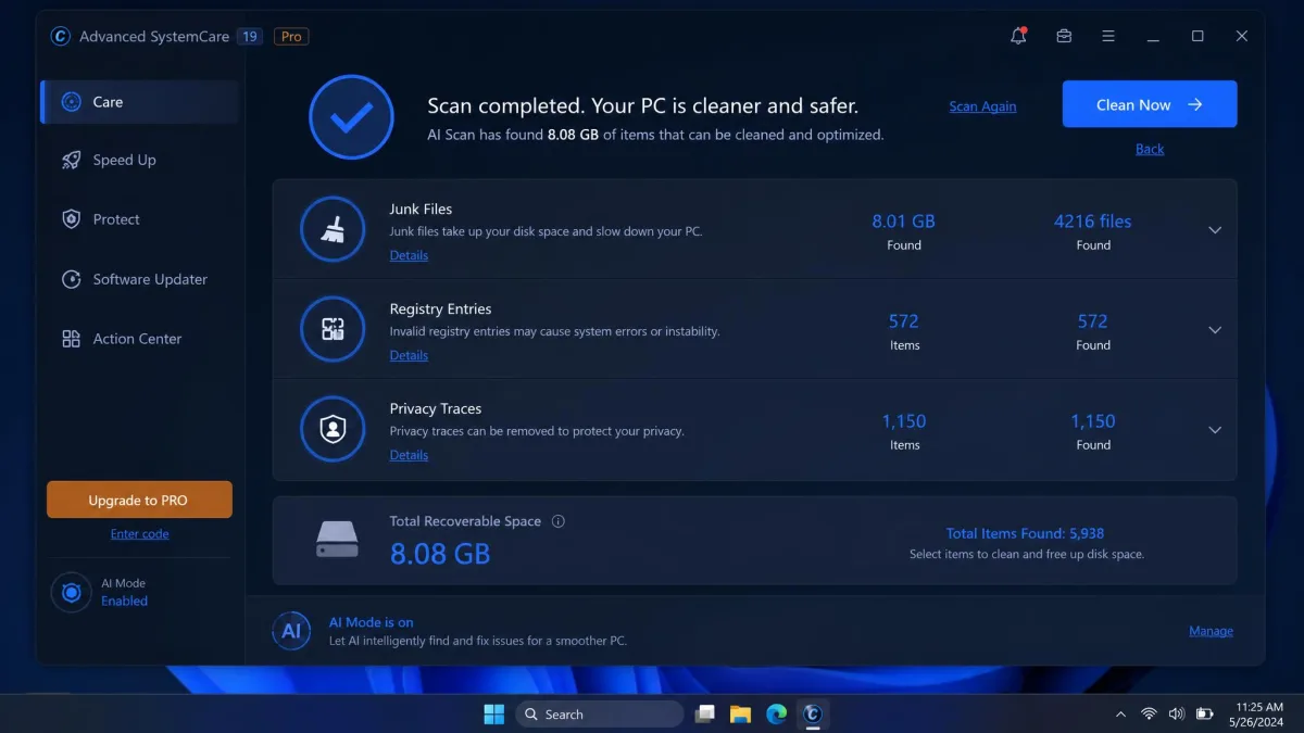 Advanced SystemCare 19's results screen after a one-click AI scan on Windows 11, listing junk files, registry entries and privacy traces with a total recoverable space figure of around 8GB.