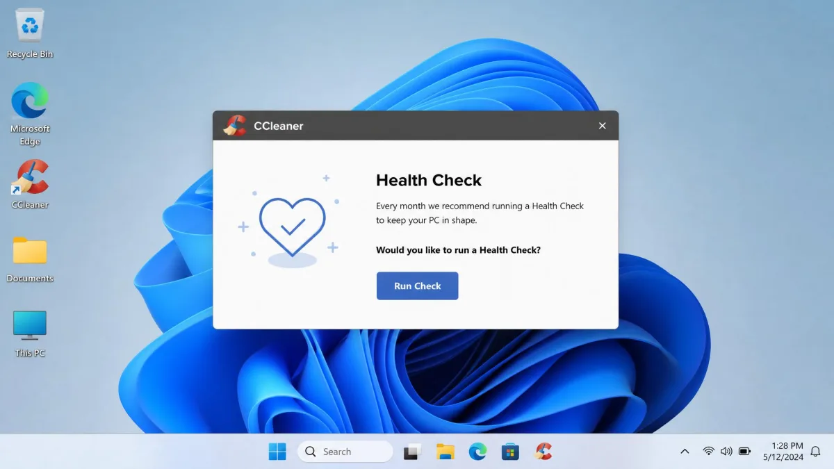 CCleaner's Health Check reminder pop-up appearing over a Windows 11 desktop, showing the prompt to run a check with no visible option to disable future reminders.