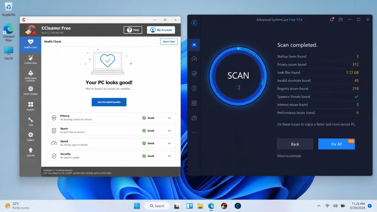 CCleaner's Health Check screen and Advanced SystemCare's one-click scan dashboard shown side by side on a Windows 11 desktop, with each tool's scan results visible.