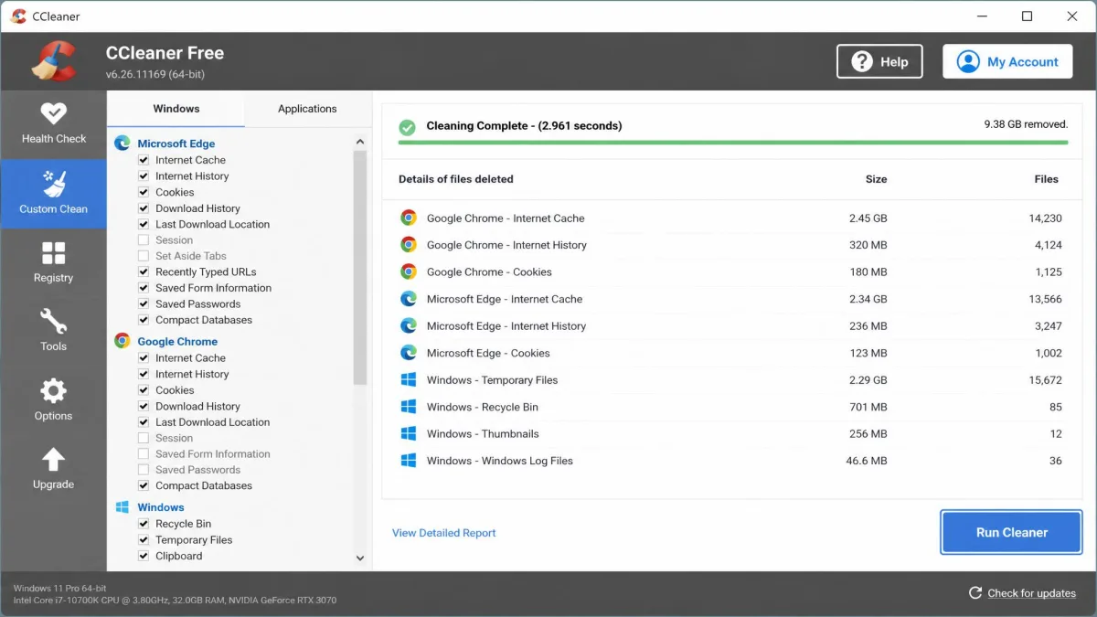 CCleaner's Custom Clean results panel listing several gigabytes of Chrome and Edge cache alongside temporary Windows files, with the Run Cleaner button highlighted.