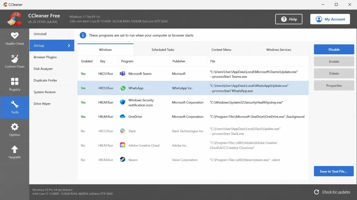 CCleaner's Tools panel open on Startup, showing enabled and disabled launch entries for Windows with the Disable button selected on a chat app.